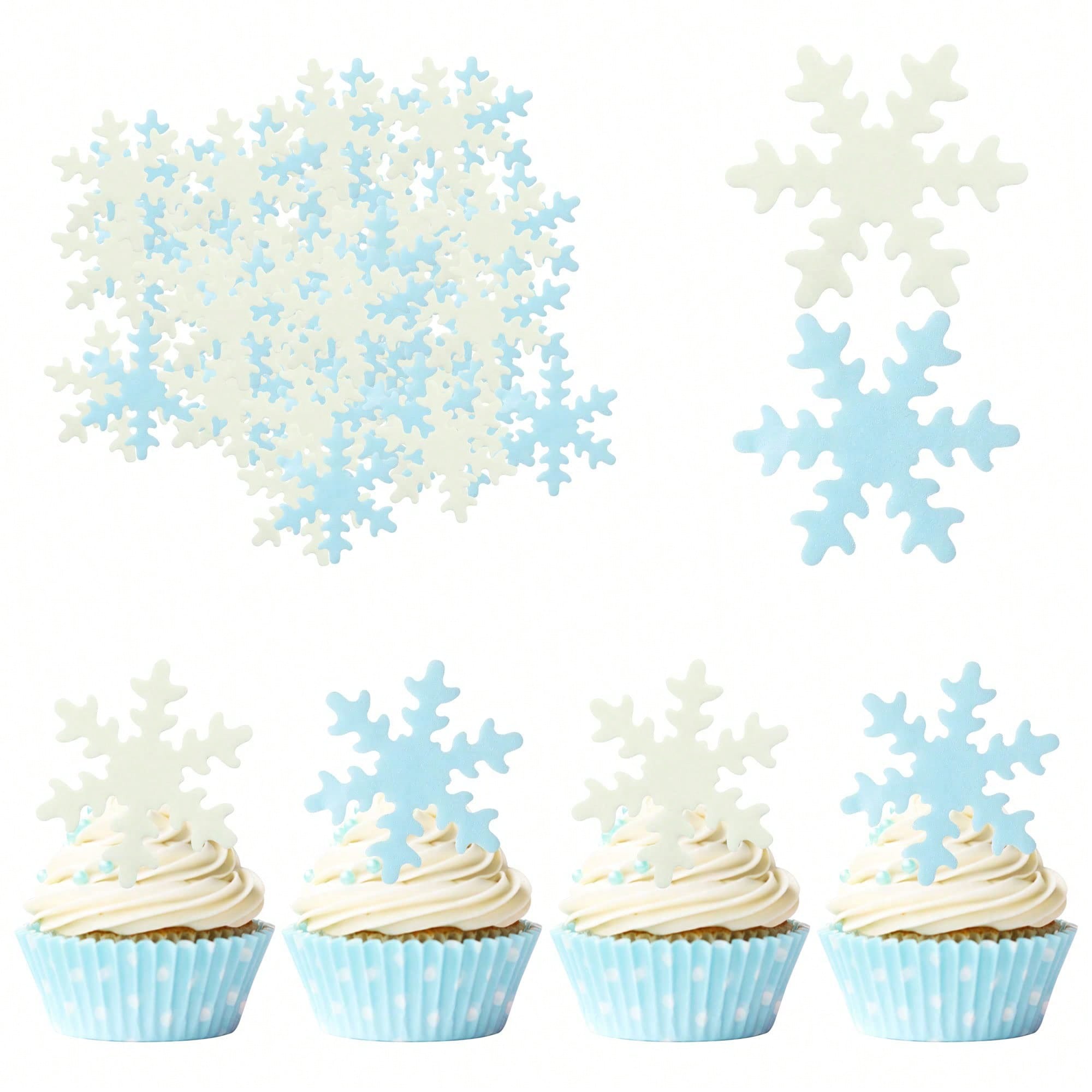 Meal Prep Frozen - 50 Stück blau-weiße Cupcake-Topper, Kuchen-Schneeflocken, Kuchendekoration,